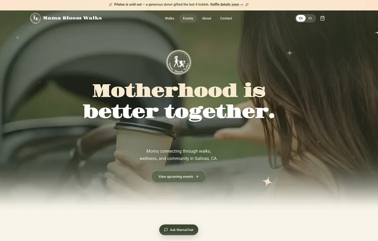 Mama Bloom Walks home page with the Motherhood is better together headline